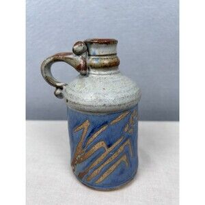 VTG Signed Hand-thrown studio pottery whiskey style jug sgraffito MCM Folk